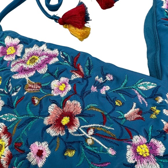 Wallflower Emily Embroidered Flower One-Piece Halter Swimsuit - Blue-Women Small - Picture 5 of 8